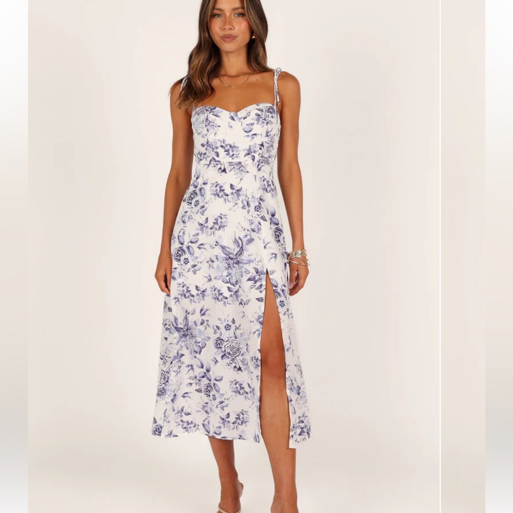Petal & Pup White Midi Dress with Blue Floral Print
